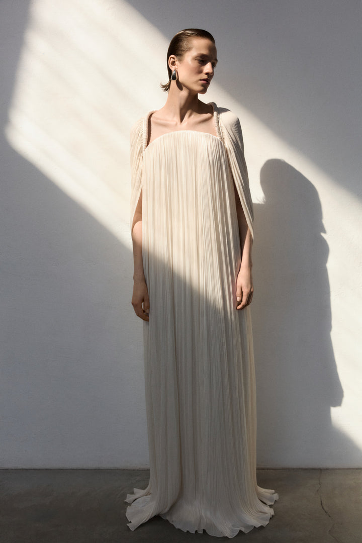Cape Styled With Strapless Hand Pleated Silk Dress