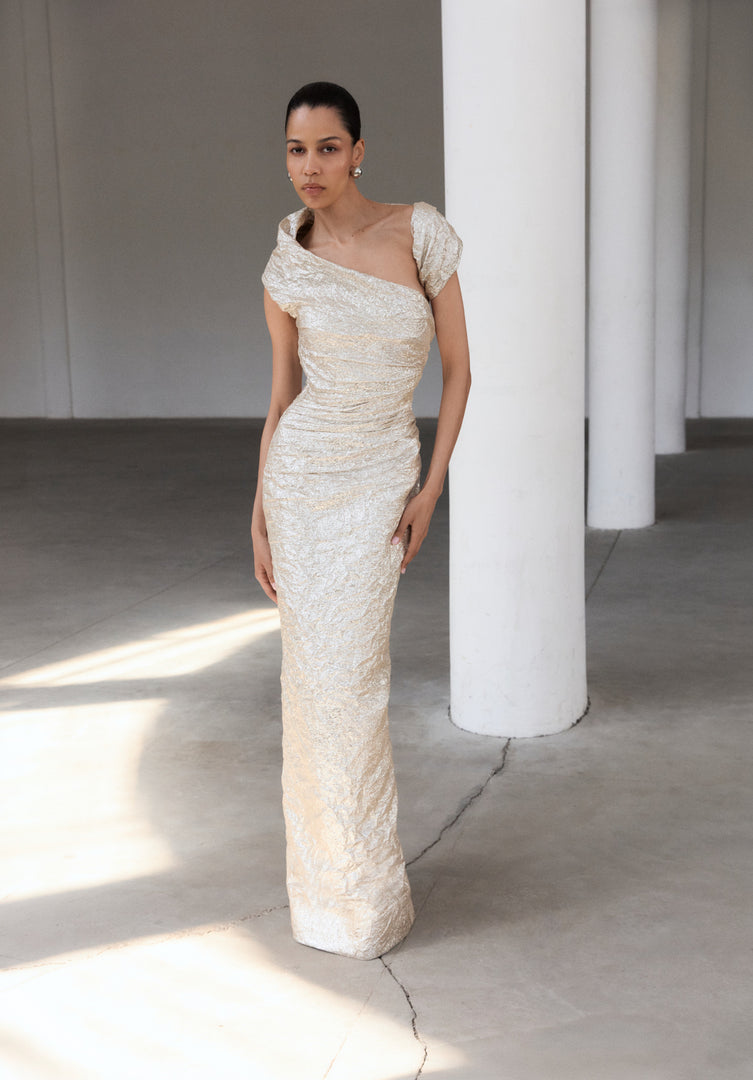 Asymmetrical Metallic Brocade Dress