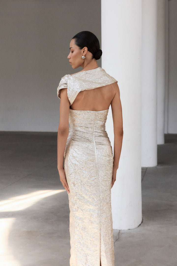 Asymmetrical Metallic Brocade Dress