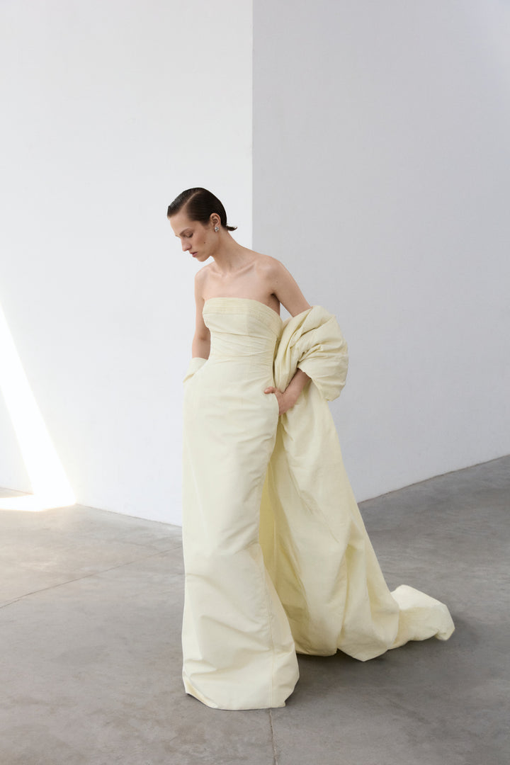 Strapless Taffeta Dress With Pleated Outline, Styled With Cape