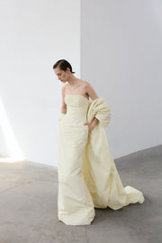 Strapless Taffeta Dress With Pleated Outline, Styled With Cape