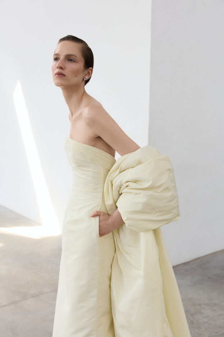 Cape Styled With Strapless Taffeta Dress With Pleated Outline
