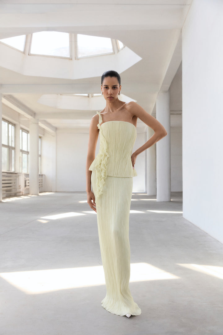 Strapless Hand Pleated Silk Dress With Embroidery