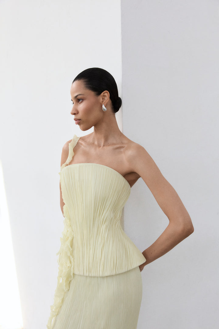Strapless Hand Pleated Silk Dress With Embroidery