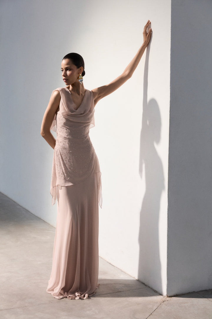 Off-Shoulder Chiffon Dress With Embroidery