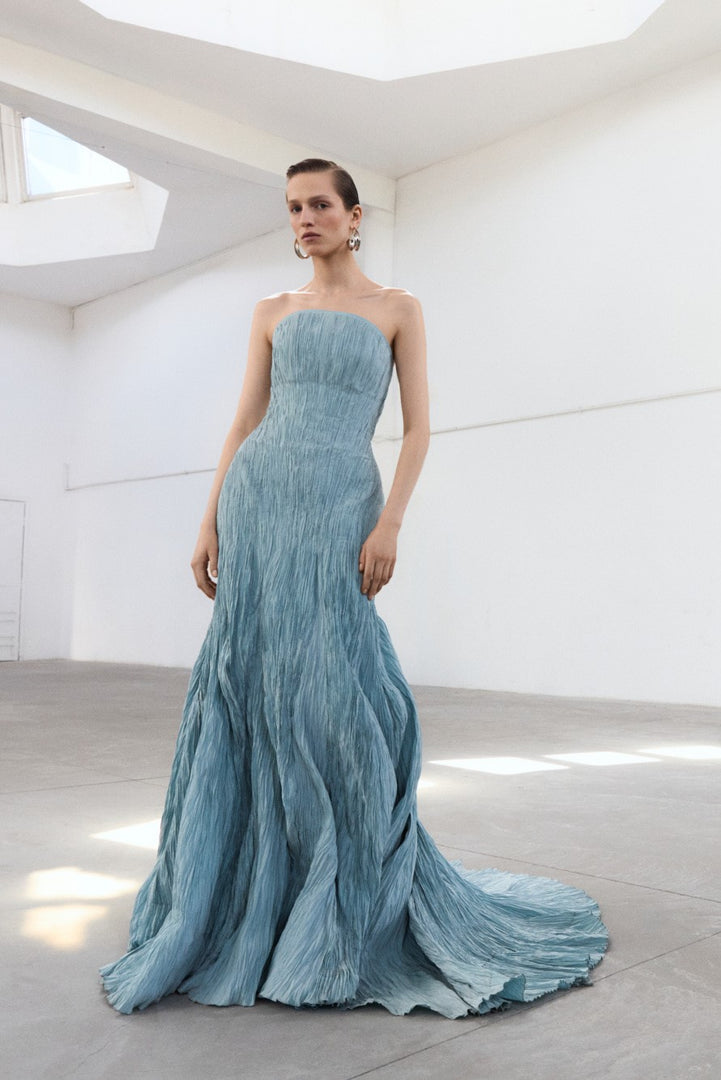 Strapless Pleated Taffeta Fish-Cut Dress