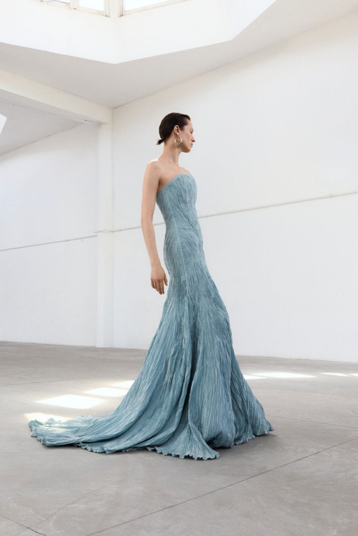 Strapless Pleated Taffeta Fish-Cut Dress