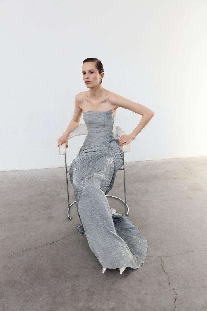 Strapless Pleated Silk Dress With Cape