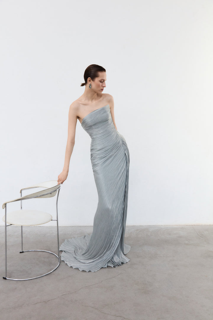 Strapless Pleated Silk Dress With Cape