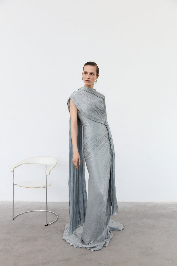 Strapless Pleated Silk Dress With Cape