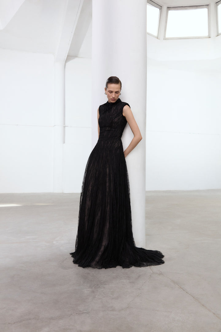 High Neck Pleated Lace Dress With Embroidered Detail