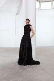 High Neck Pleated Lace Dress With Embroidered Detail