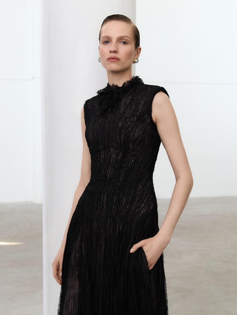 High Neck Pleated Lace Dress With Embroidered Detail