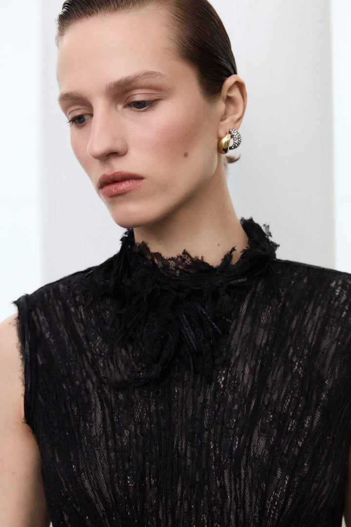 High Neck Pleated Lace Dress With Embroidered Detail