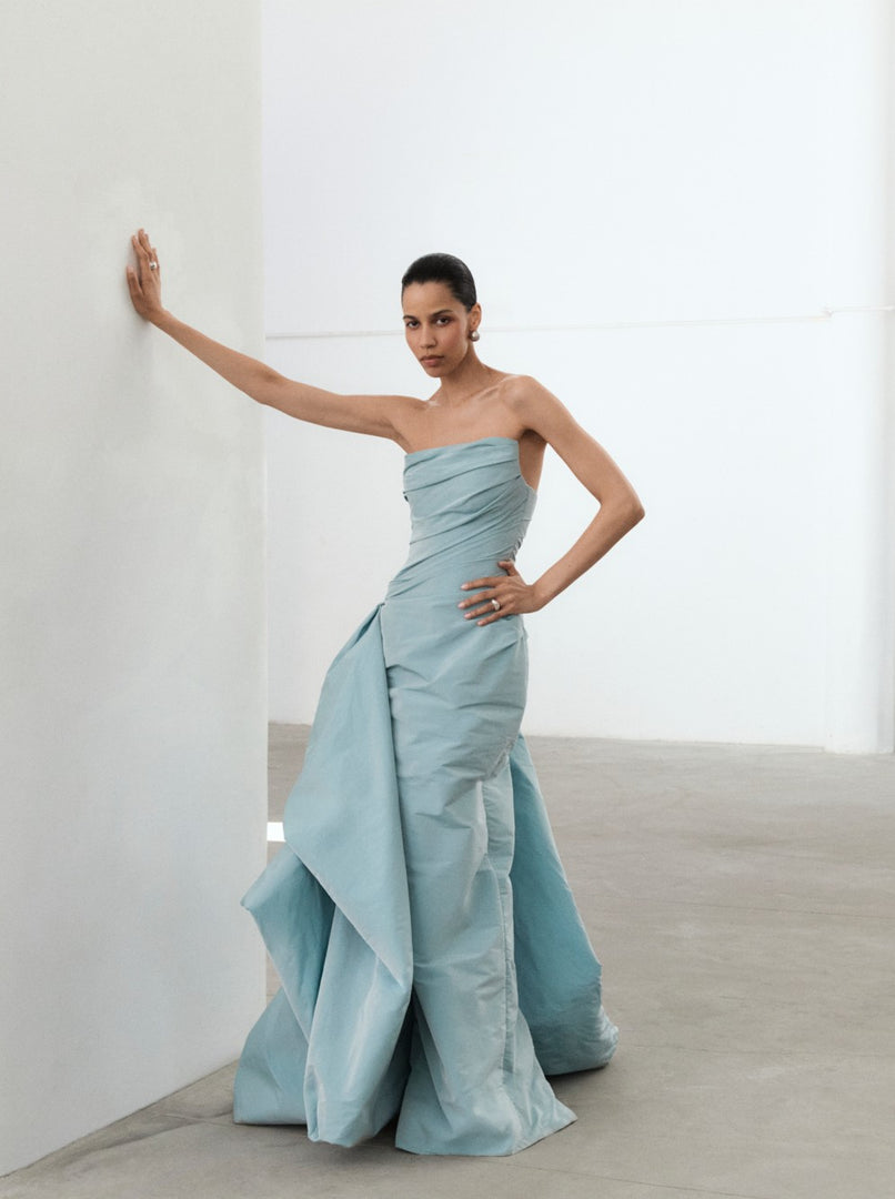 Strapless Draped Taffeta Dress With Detachable Over Skirt
