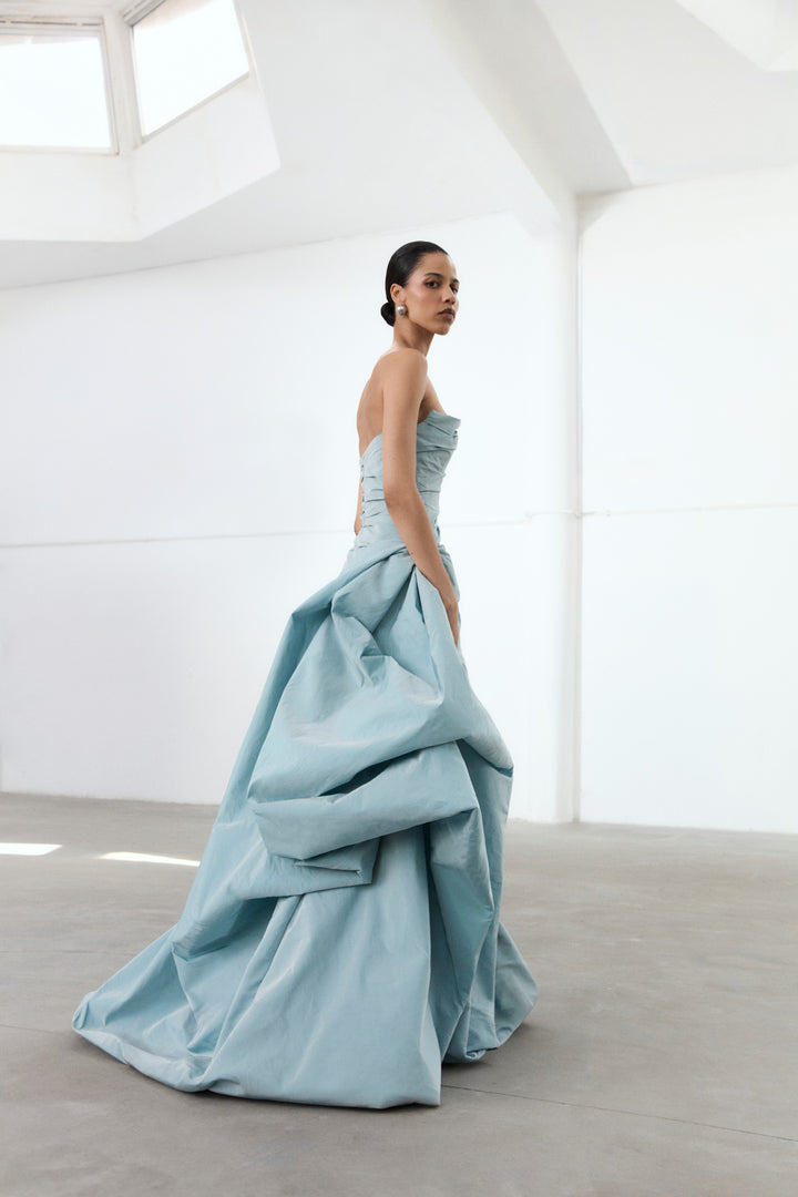 Strapless Draped Taffeta Dress With Detachable Over Skirt