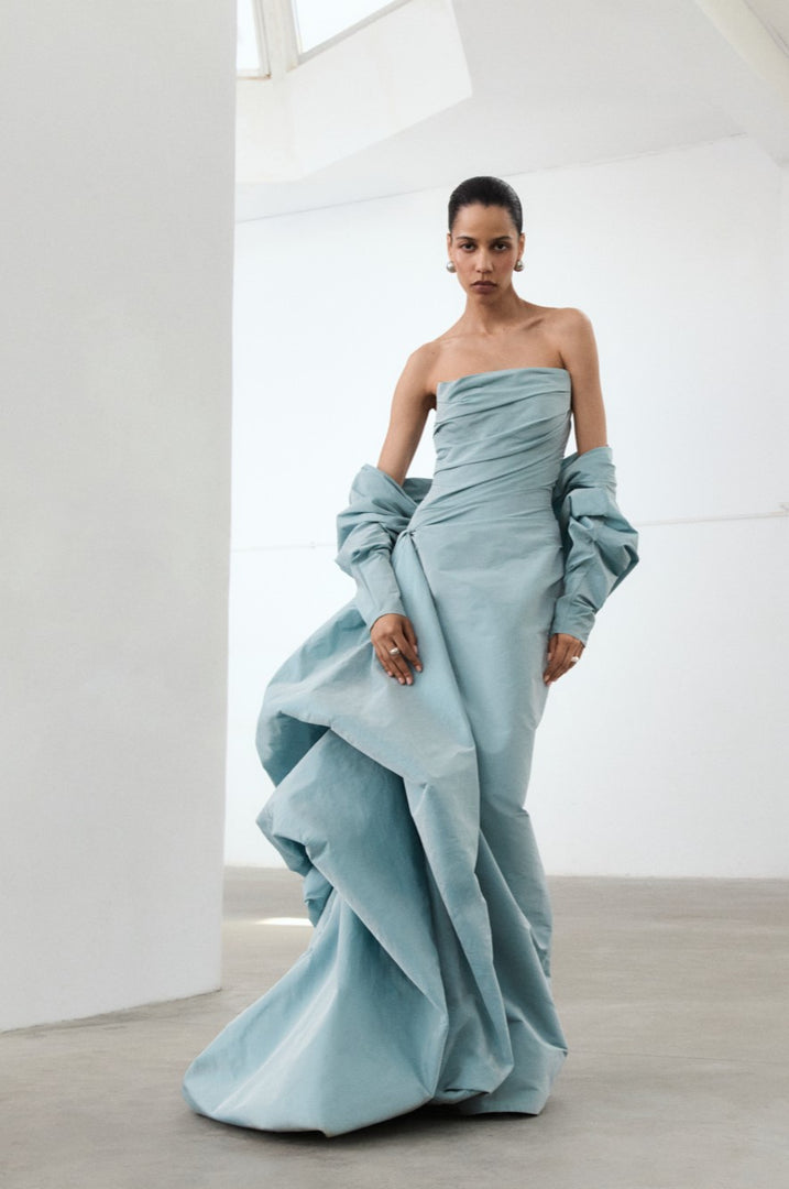 Strapless Draped Taffeta Dress With Detachable Over Skirt