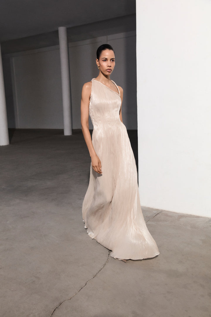 One-Shoulder Pleated Silk Dress