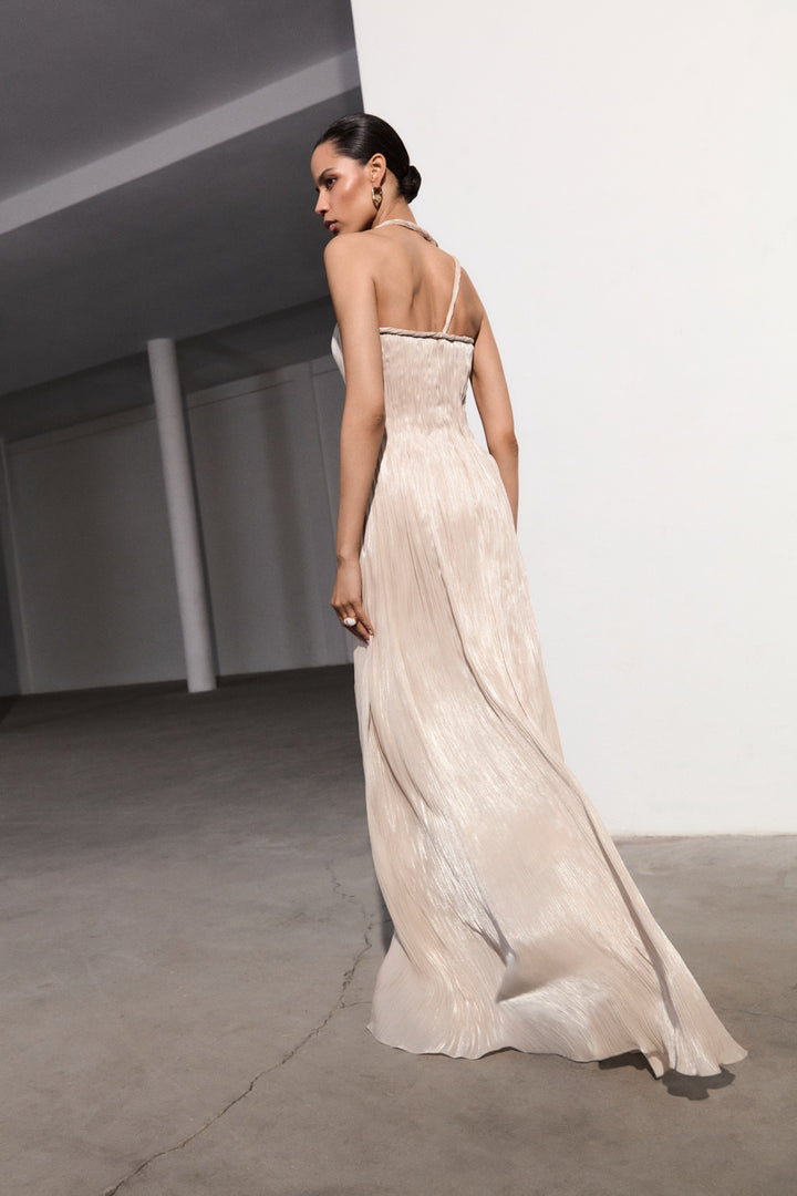 One-Shoulder Pleated Silk Dress