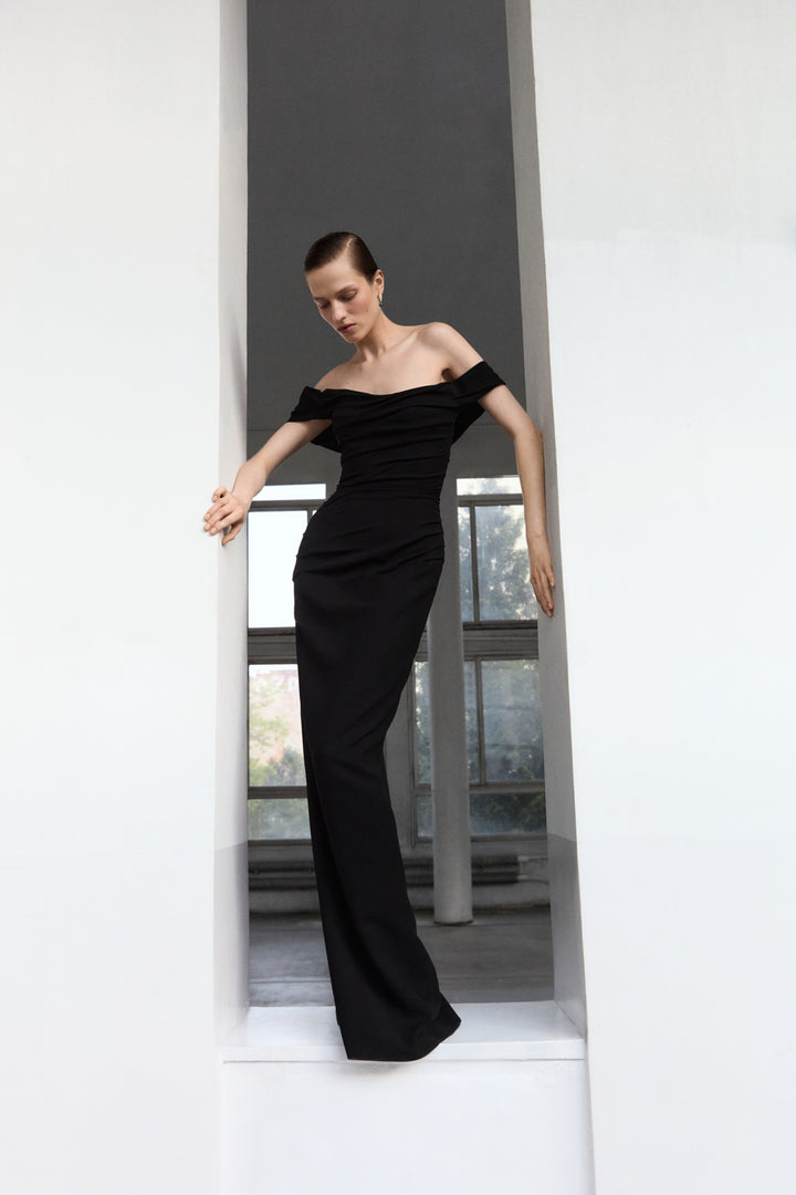Off-Shoulder Draped Crepe Dress