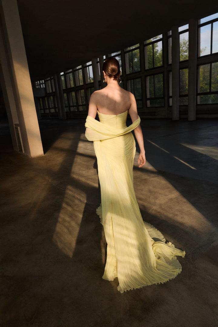 One Shoulder Pleated Chiffon Dress With Slit