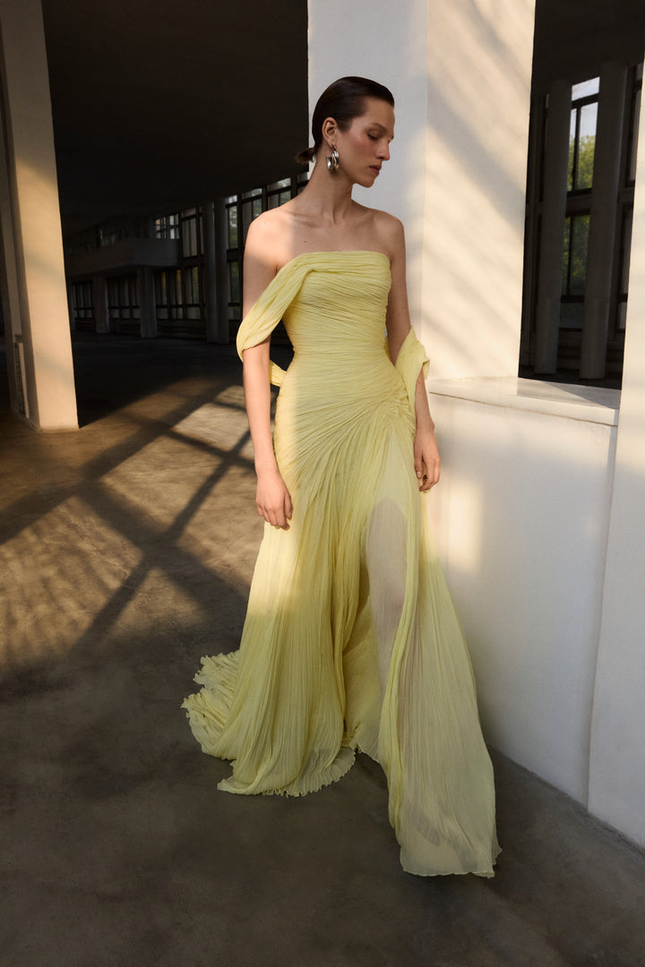One Shoulder Pleated Chiffon Dress With Slit
