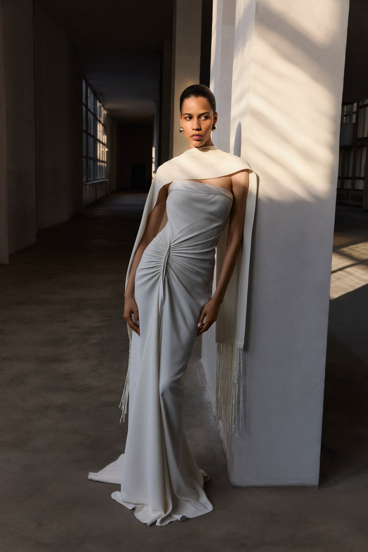 Strapless Crepe With Satin Detail Dress With Scarf