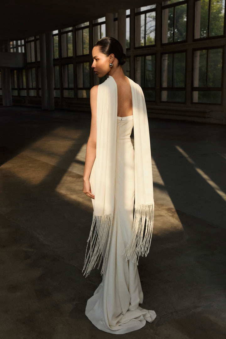 Strapless Crepe With Satin Detail Dress With Scarf