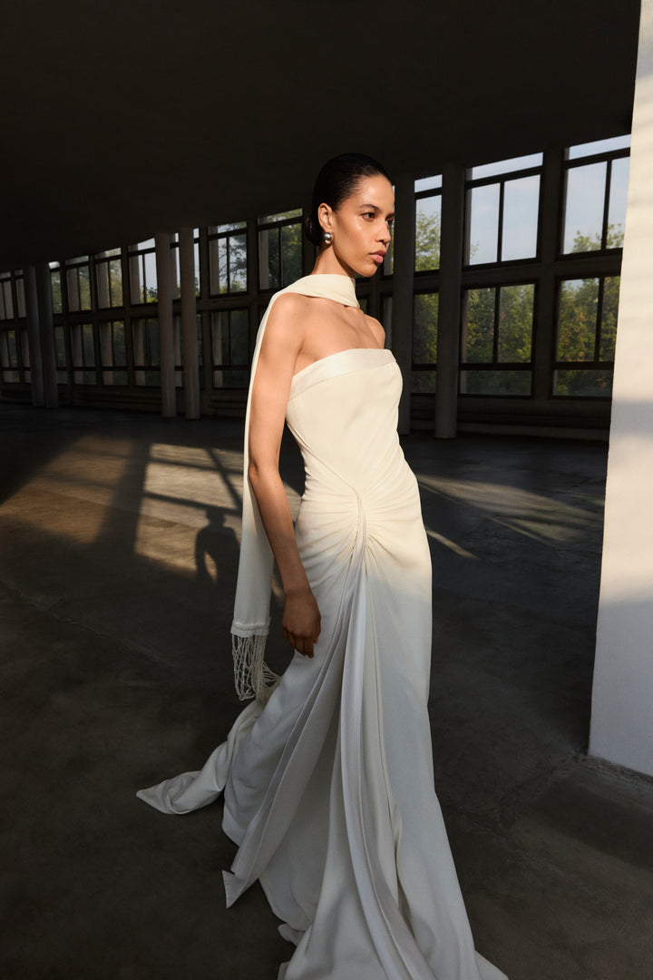 Strapless Crepe With Satin Detail Dress With Scarf