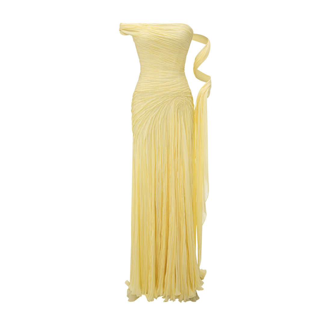 One Shoulder Pleated Chiffon Dress With Slit