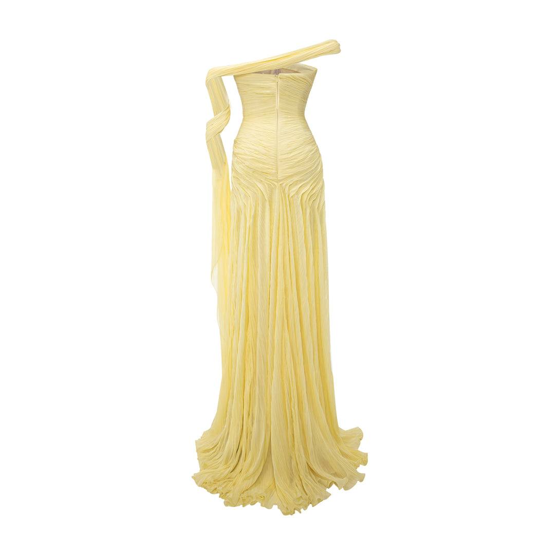 One Shoulder Pleated Chiffon Dress With Slit