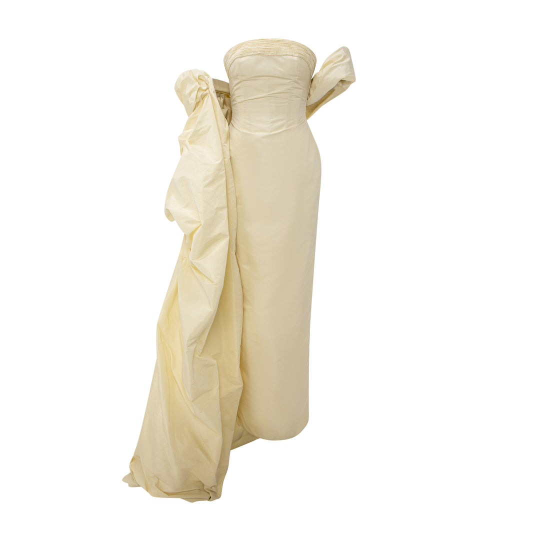Strapless Taffeta Dress With Pleated Outline, Styled With Cape