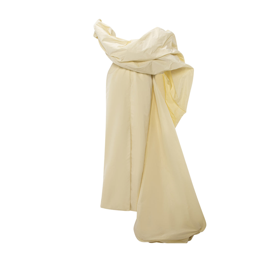 Strapless Taffeta Dress With Pleated Outline, Styled With Cape