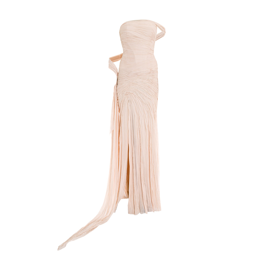 Hand pleated draped chiffon gown with cape and slit