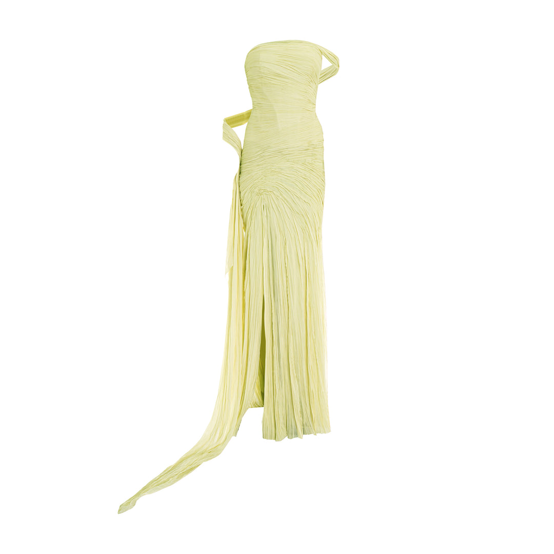 Hand pleated draped chiffon gown with cape and slit