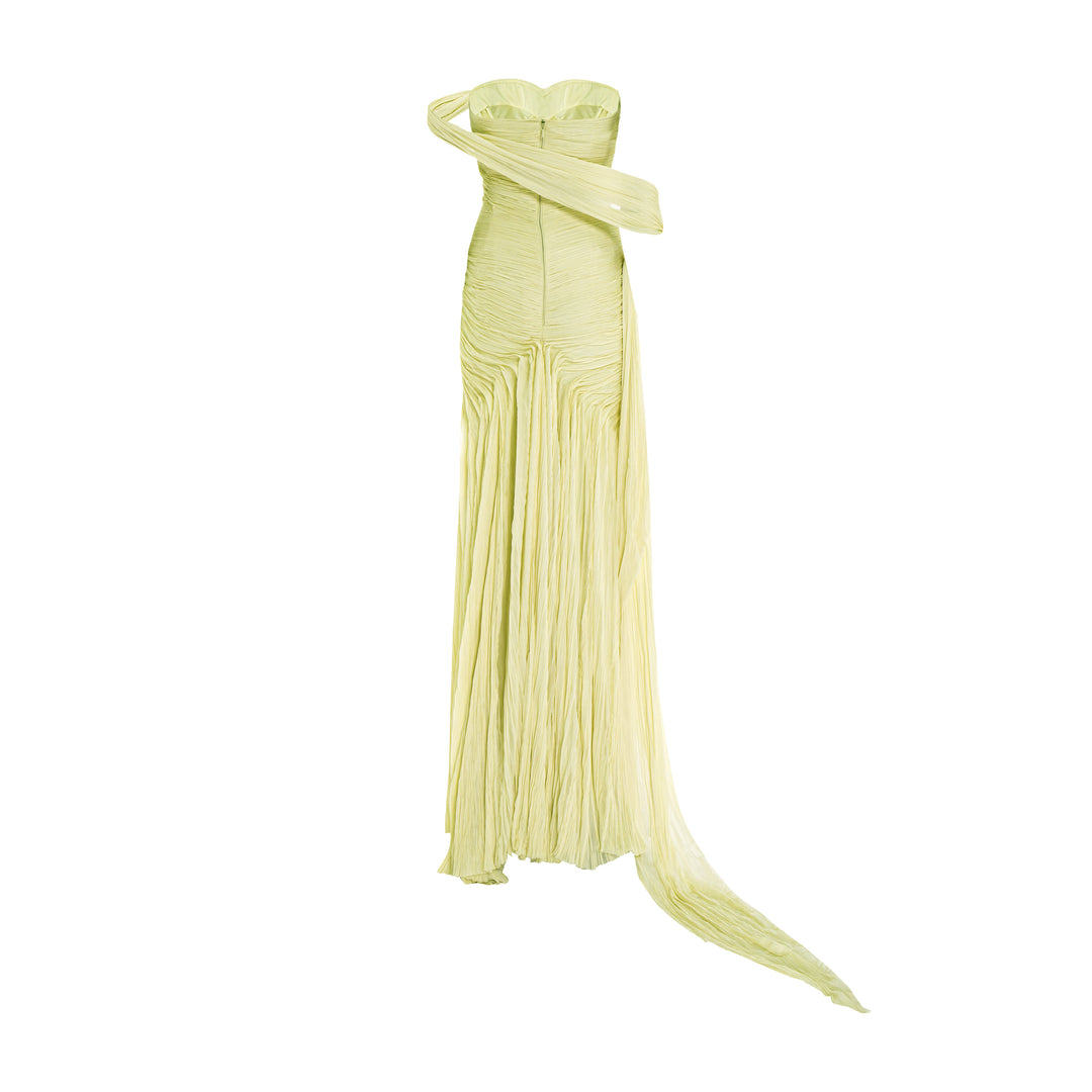 Hand pleated draped chiffon gown with cape and slit