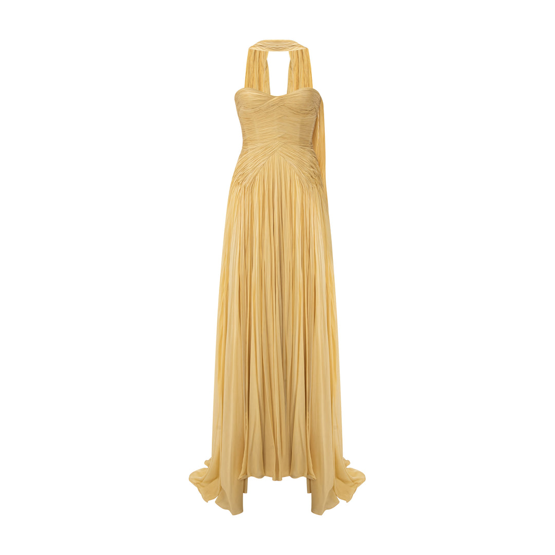 Strapless Hand Pleated Chiffon Silk Dress With Cape