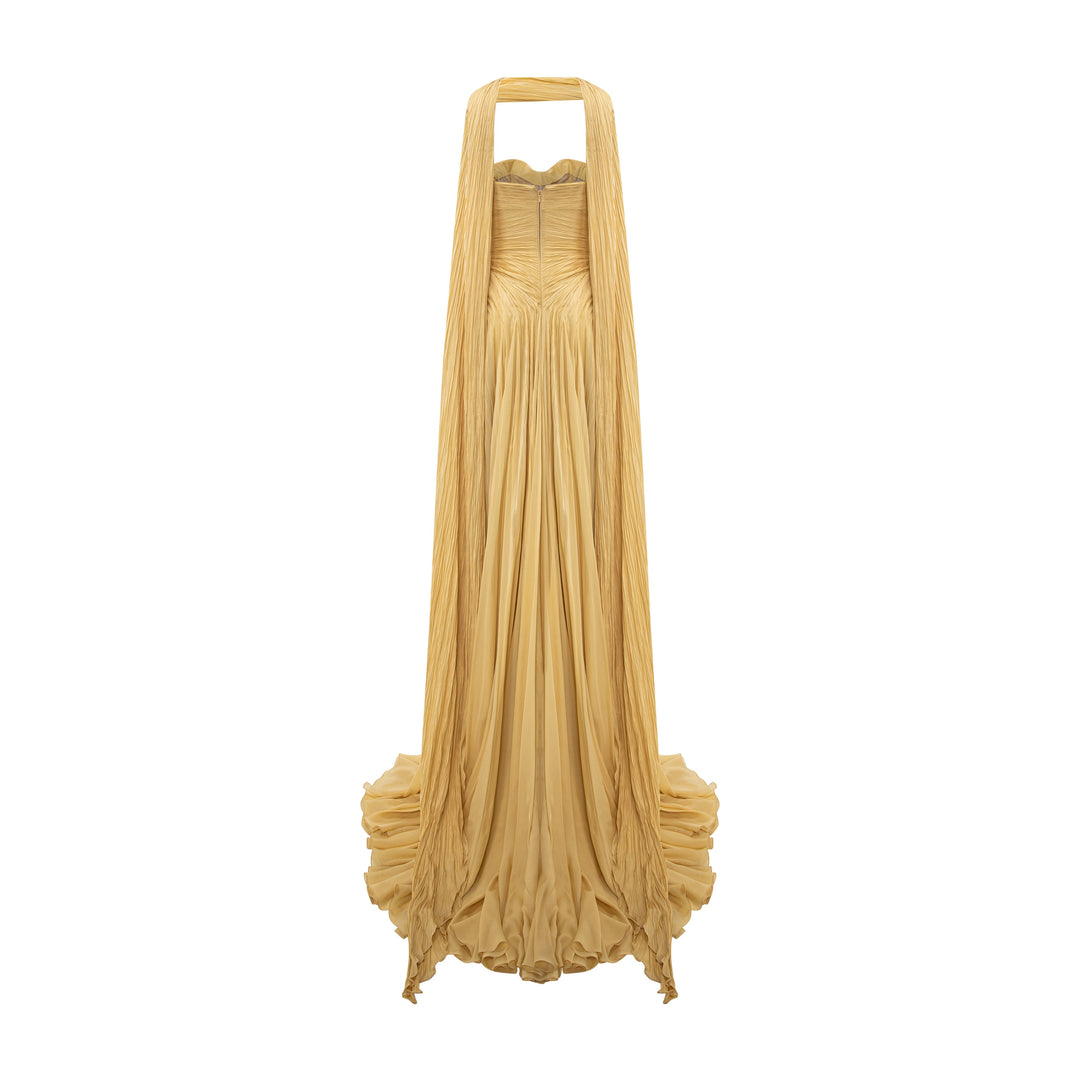 Strapless Hand Pleated Chiffon Silk Dress With Cape