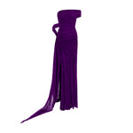 Load image into Gallery viewer, Hand pleated draped chiffon gown with cape and slit
