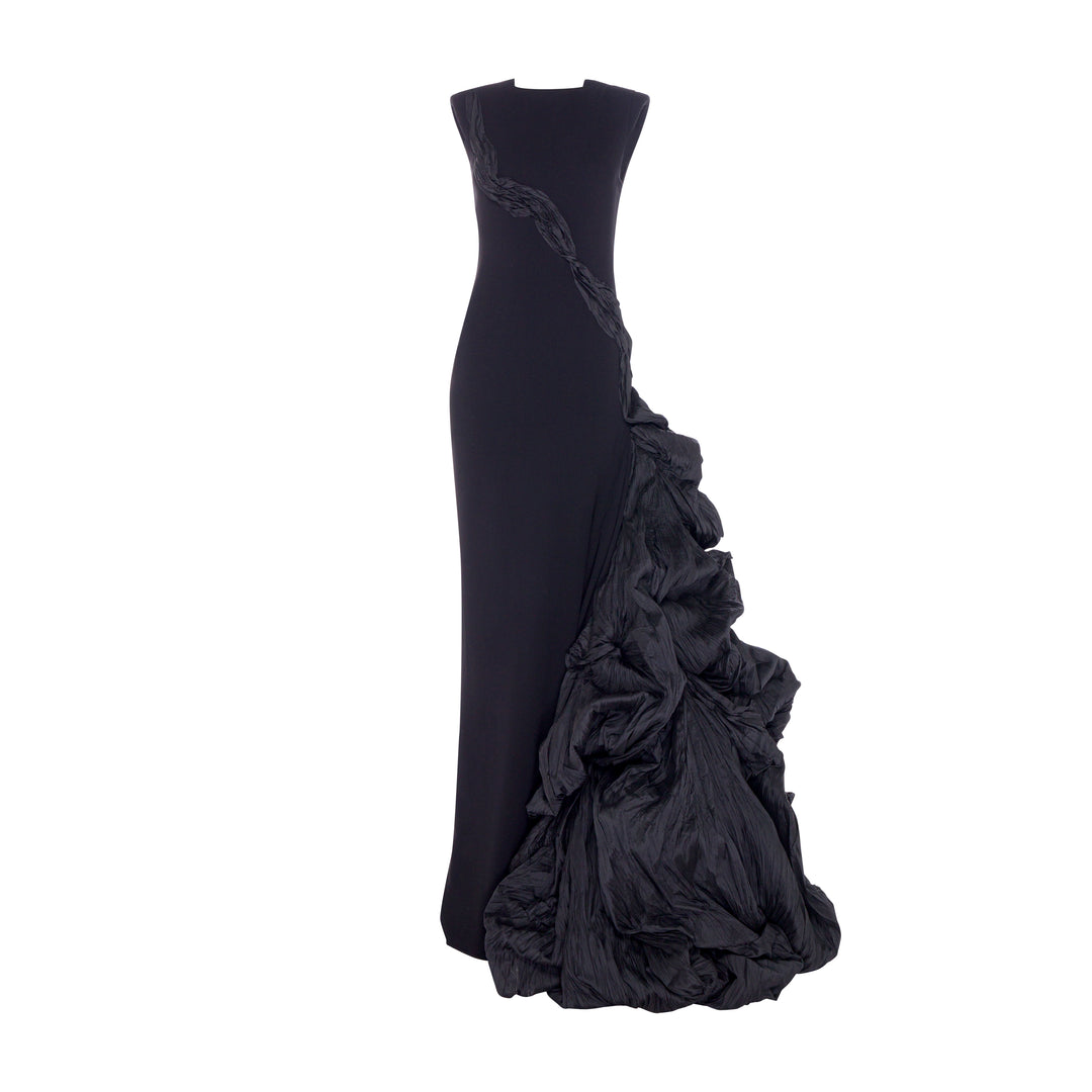Black Crepe Dress with hand crushed Taffeta puff forest_green / 34 Black Crepe Dress with hand crushed Taffeta puff forest_green / 34