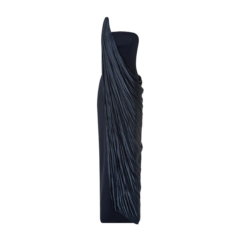 Strapless Crepe Dress With Pleated Satin Cape And Embroidery Brooch