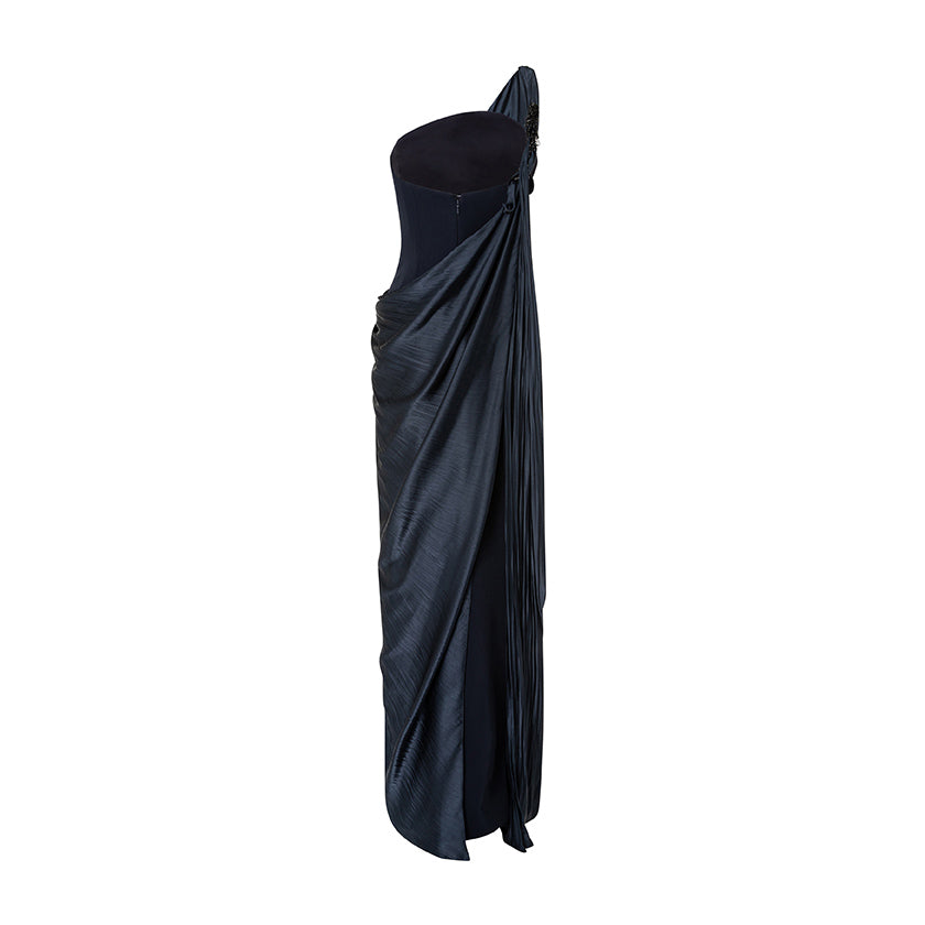 Strapless Crepe Dress With Pleated Satin Cape And Embroidery Brooch