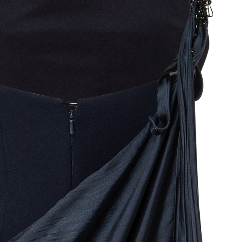 Strapless Crepe Dress With Pleated Satin Cape And Embroidery Brooch