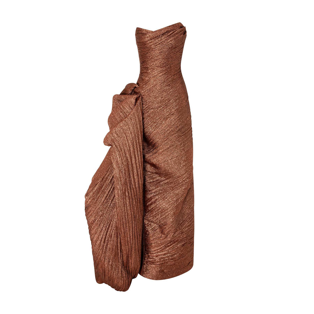 Strapless Pleated Jacquard Lurex Dress With Over Skirt And Cape