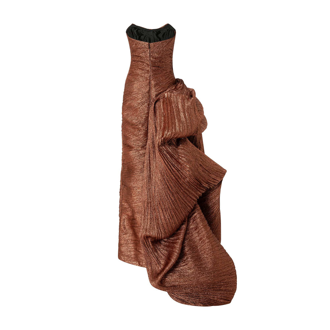 Strapless Pleated Jacquard Lurex Dress With Over Skirt And Cape