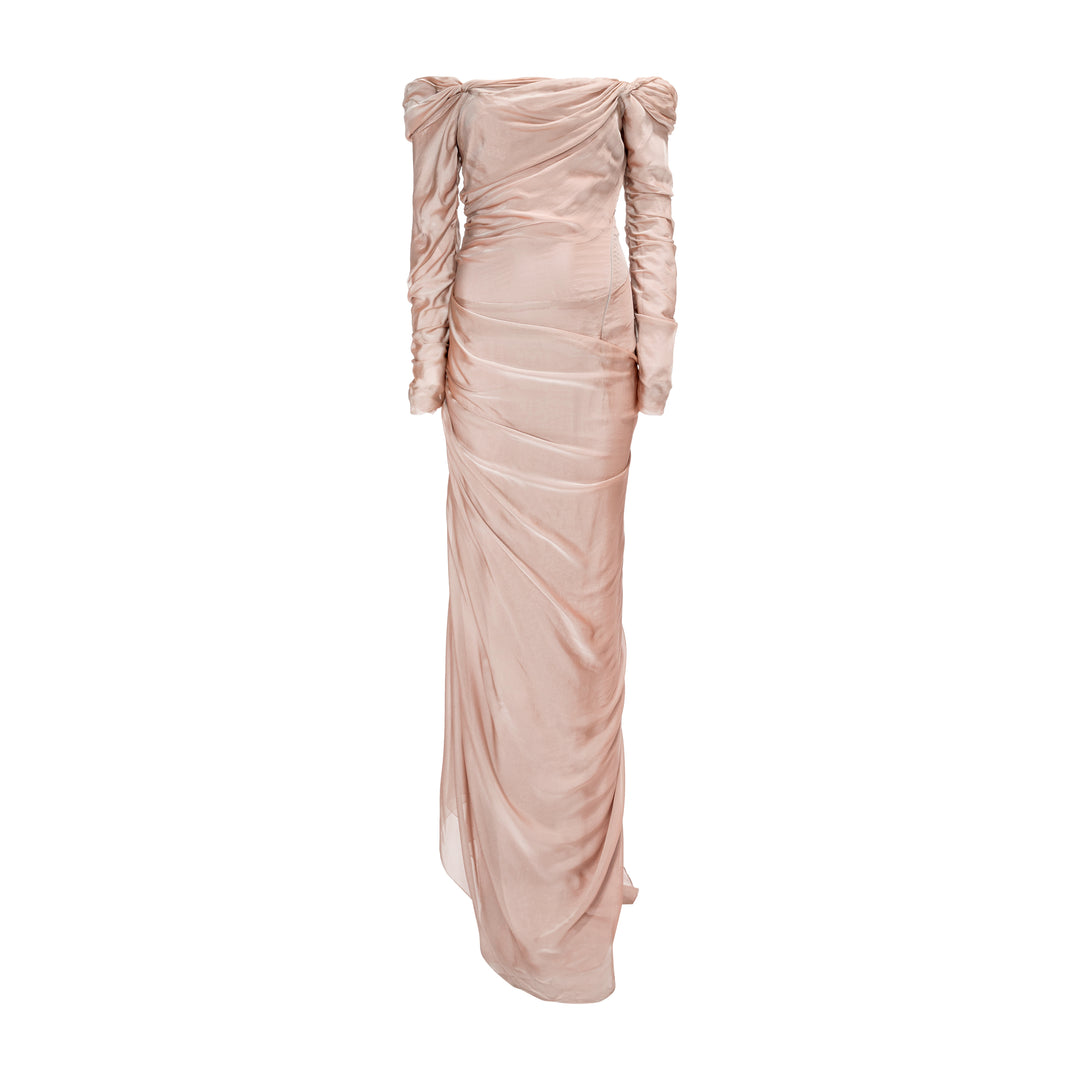 Off shoulder long sleeve draped two-tone chiffon gown MARMAR HALIM FASHION DESIGN LLC Off shoulder long sleeve draped two-tone chiffon gown MARMAR HALIM FASHION DESIGN LLC