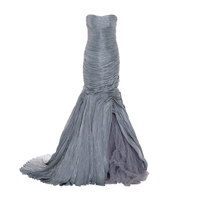 Strapless hand pleated satin - like draped mermaid gown with soft wires on the bottom and tulle underlay