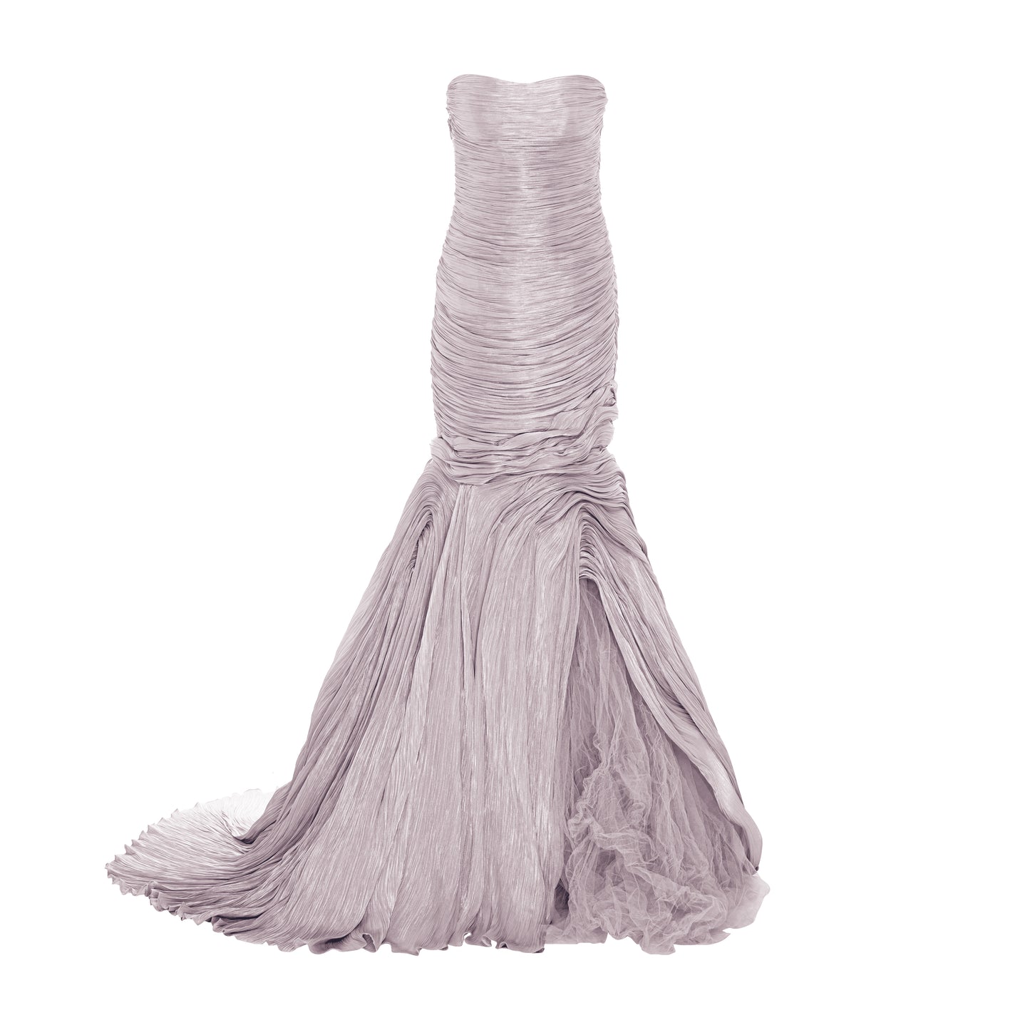 Strapless hand pleated satin - like draped mermaid gown with soft wires on the bottom and tulle underlay