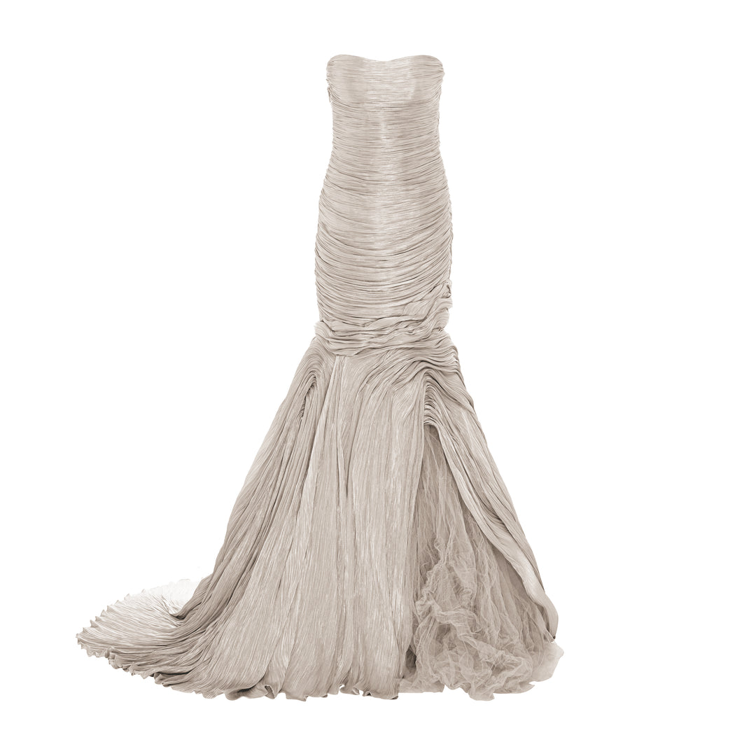 Strapless hand pleated satin - like draped mermaid gown with soft wires on the bottom and tulle underlay