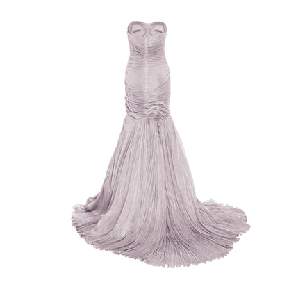 Strapless hand pleated satin - like draped mermaid gown with soft wires on the bottom and tulle underlay